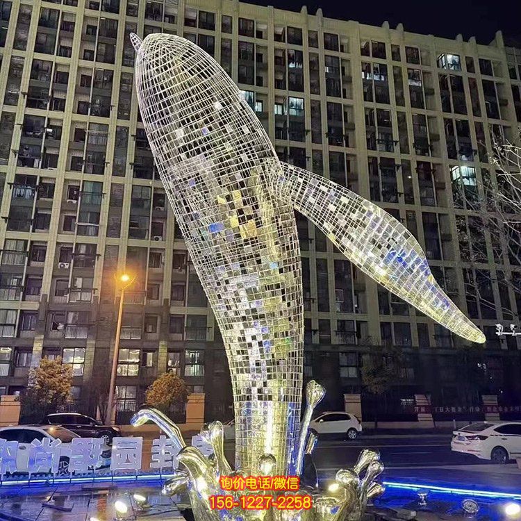 不銹鋼鯨魚(yú)，大型鐵藝鏤空網(wǎng)格鯨魚(yú)水景裝飾景觀